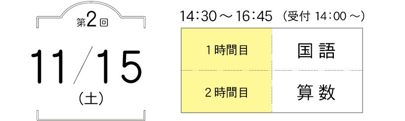 第2回 11月15日(土曜日) 14：30～16：45（受付14：00～）、1時間目 国語、2時間目 算数